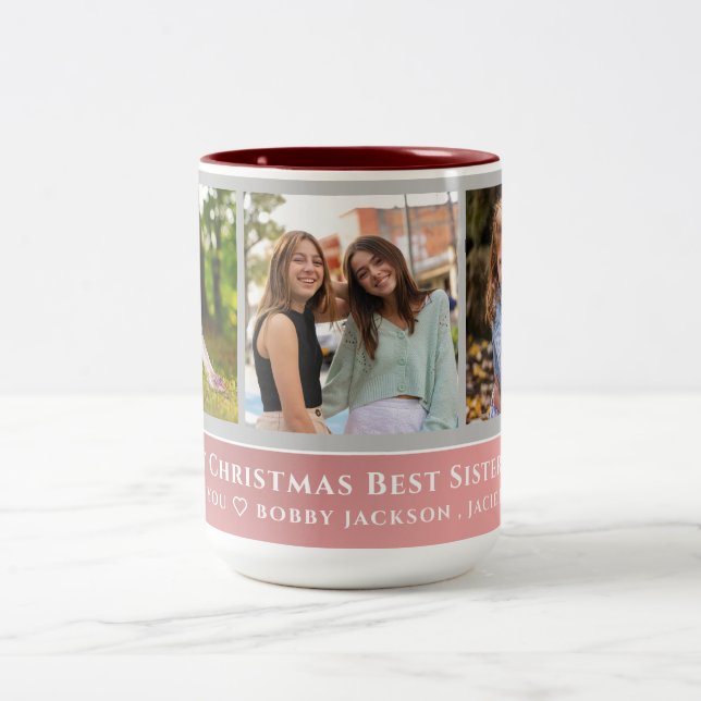 Trendy Faux Rose Gold Script | Best Sisters Photo  Two-Tone Coffee Mug (Center)