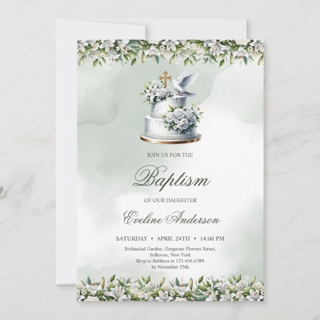 Trendy festive cake gold cross dove Baptism Invitation (Front)