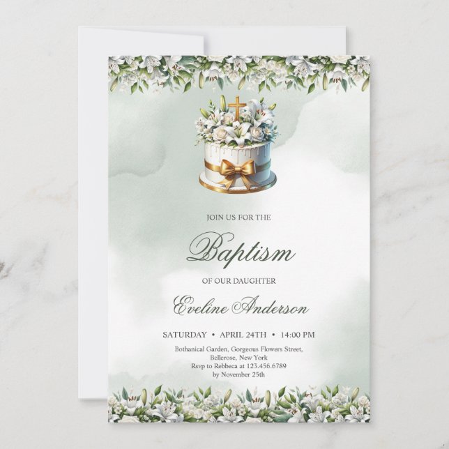 Trendy festive cake gold cross lilies Baptism Invitation (Front)