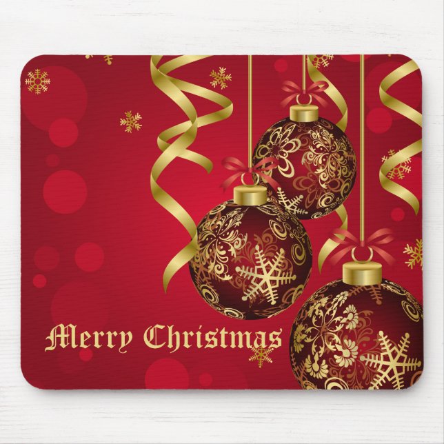 Trendy Festive Red & Golden Christmas Ornaments Mouse Pad (Front)