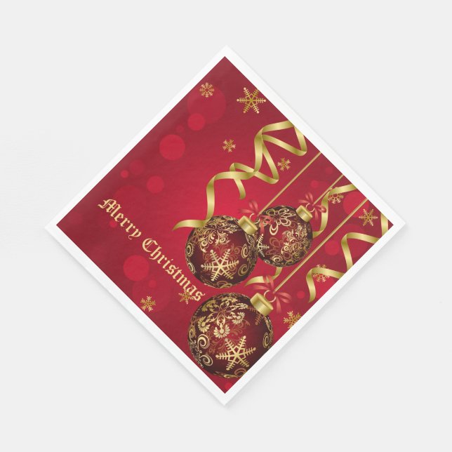 Trendy Festive Red & Golden Christmas Ornaments Napkin (Corner)