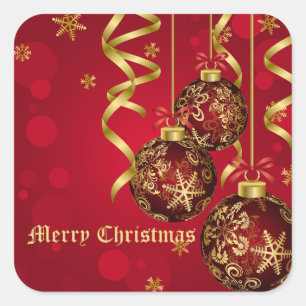 Trendy Festive Red & Golden Christmas Ornaments Square Sticker