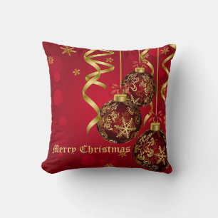 Trendy Festive Red & Golden Christmas Ornaments Throw Pillow