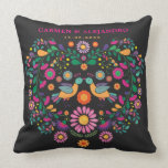 Trendy Fiesta Mexican Flower Pattern Wedding Gift Throw Pillow<br><div class="desc">This beautiful cushion features whimsical & intricate Mexican floral pattern in hot pink, purple, orange, green, yellow and turquoise. Personalise the cushion with the names of the bride and groom and also the wedding date. The background colour of the cushion is set to dark charcoal, but feel free to choose...</div>