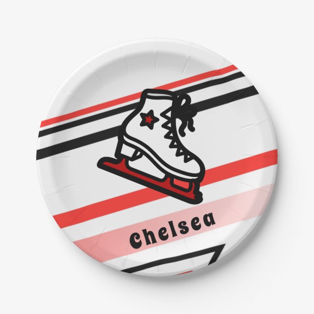 Trendy Figure Skating Girl Skates Personalized Red Paper Plate (Front)