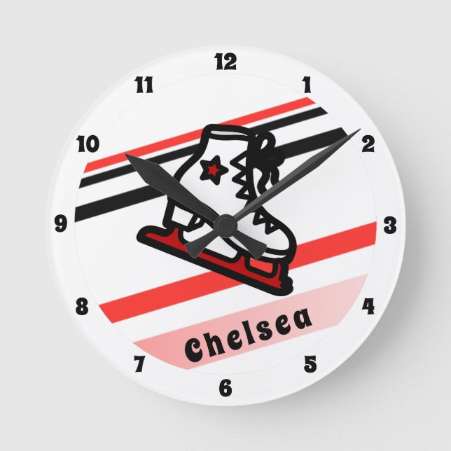 Trendy Figure Skating Girl Skates Personalized Red Round Clock (Front)