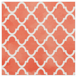 Trendy Flame Orange Watercolor Quatrefoil Pattern Fabric