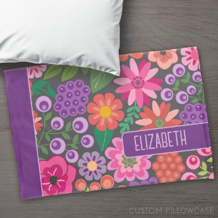Trendy Flat Art Floral Pattern with name block Pillowcase