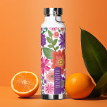 Trendy Flat Art Floral Pattern with name block Water Bottle<br><div class="desc">A bold, floral design with colourful shades of purples and pinks with a fun colour block to add your name or any text. The crazy flower pattern has a variety of colours. You can add a name, monogram or other custom text. If you need to move the art around, click...</div>