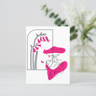 Trendy floral black and pink line art postcard