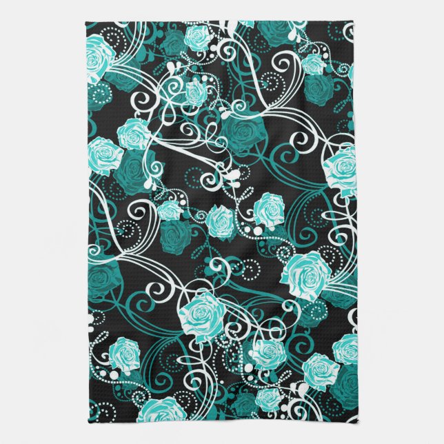 Trendy Floral | Black Turquoise & White Roses Kitchen Towel (Vertical)