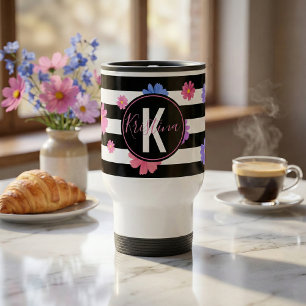 Trendy Floral Black & White Stripes Personalized Travel Mug