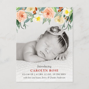 Trendy Floral Blooms Photo Birth Announcement Postcard
