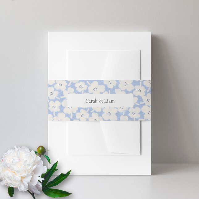 Trendy Floral Blue & White Custom Name Wedding Invitation Belly Band (Creator Uploaded)
