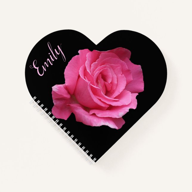 Trendy floral boho pink rose girly black recipe notebook (Front)