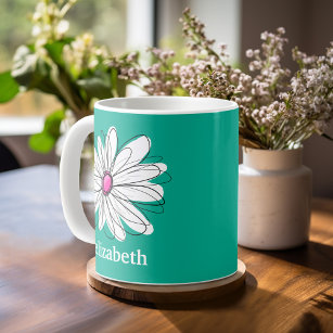 Trendy Floral Daisy Illustration - Pink and Green Coffee Mug