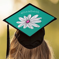Trendy Floral Daisy Illustration - Pink and Green Graduation Cap Topper