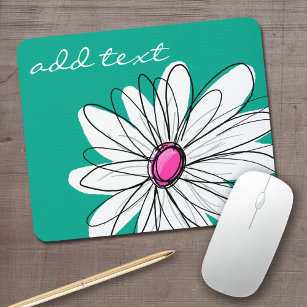 Trendy Floral Daisy Illustration - Pink and Green Mouse Pad