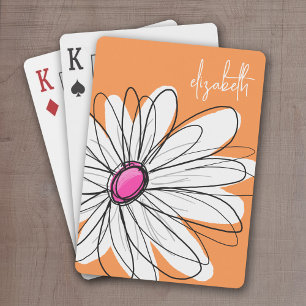 Trendy Floral Daisy Illustration - Pink and Orange Playing Cards