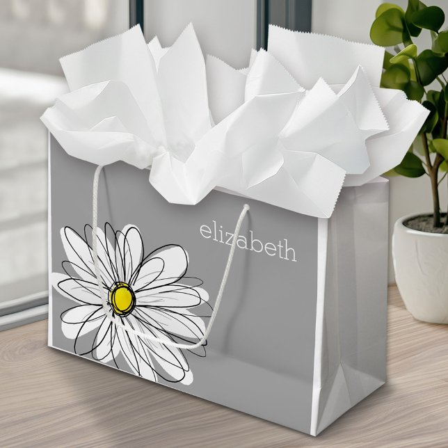 Trendy Floral Daisy with grey yellow custom name Large Gift Bag (Custom Personalized Gift Bag)