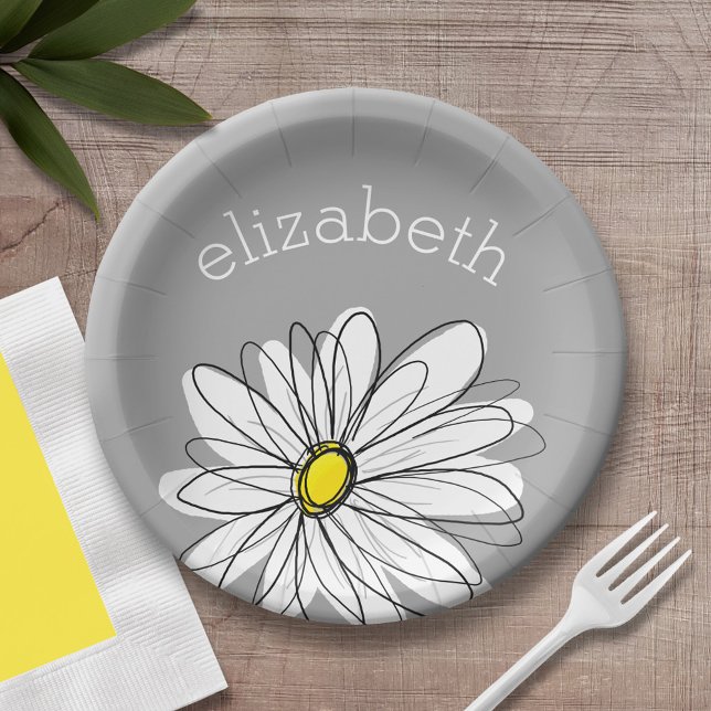 Trendy Floral Daisy with grey yellow custom name Paper Plate (Personalized party plate with area for name - whimsical daisy )