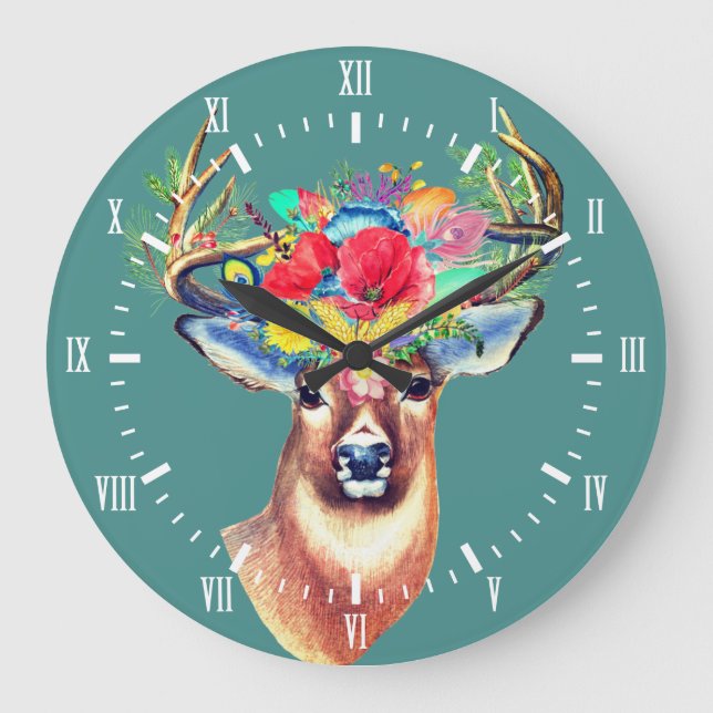 Trendy Floral Deer Antlers Illustration Large Clock (Front)