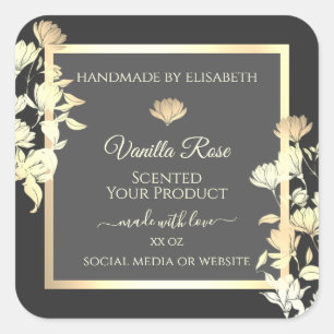 Trendy Floral Grey Packaging Labels and Gold Frame