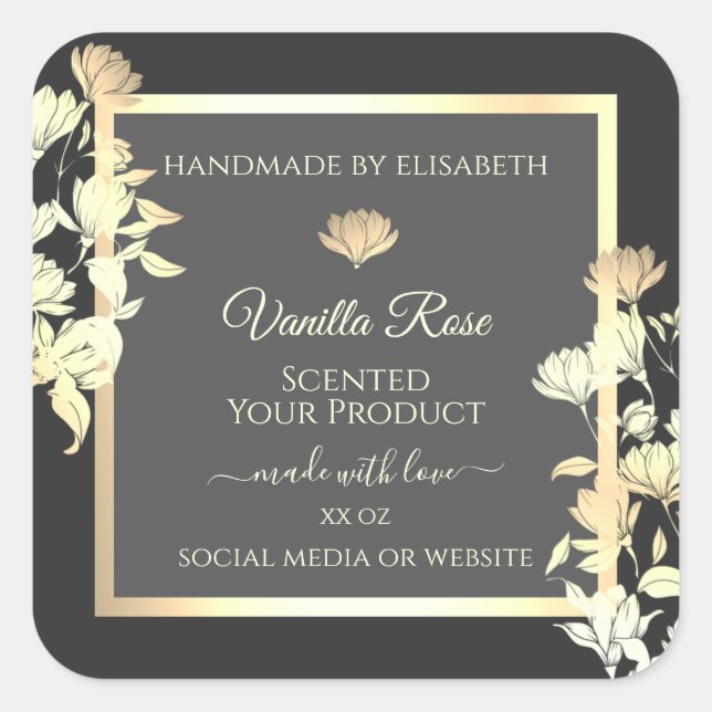 Trendy Floral Grey Packaging Labels and Gold Frame (Front)