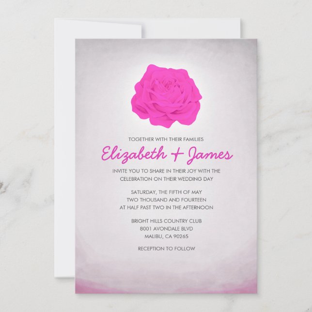 Trendy Floral Hot Pink Wedding Invitations (Front)