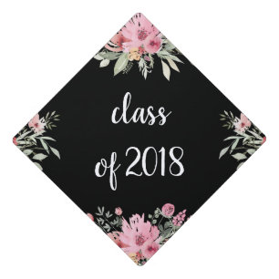 Trendy Floral on Black   Class of 2018 Graduation Cap Topper