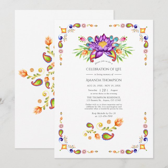 Trendy Floral Paisley Indian Celebration of Life Invitation (Front/Back)