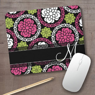 Trendy Floral Pattern Hot Pink and Black Monogram Mouse Pad