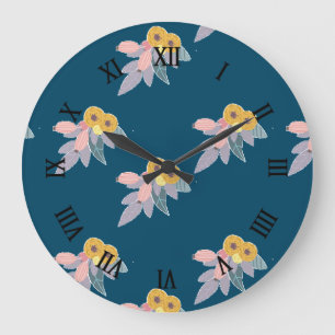 Trendy floral pattern on navy blue large clock