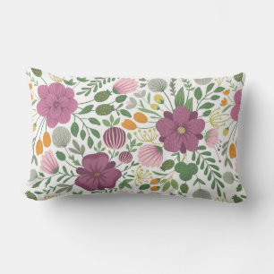 Trendy Floral Pattern Pink Yellow Purple Greenery Lumbar Pillow