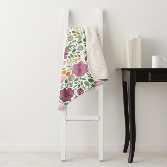 Trendy Floral Pattern Pink Yellow Purple Greenery  Sherpa Blanket (In Situ)