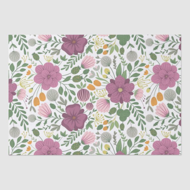 Trendy Floral Pattern Pink Yellow Purple Greenery  Tissue Paper (Front)