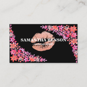 Trendy Floral Rose Gold Lips Makeup Artist Business Card