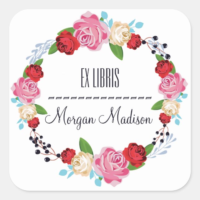 Trendy Floral Roses Wreath Bookplate Square Sticker (Front)