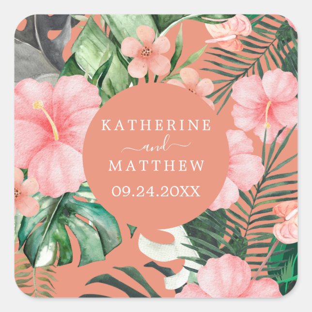 Trendy Floral Watercolor Tropical Greenery Wedding Square Sticker (Front)