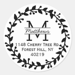 Trendy Floral Wreath Custom Monogram Classic Round Sticker