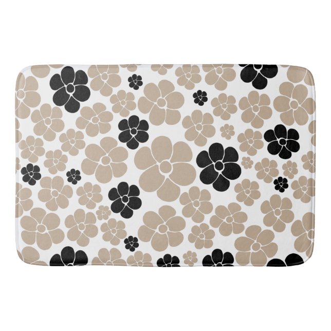 Trendy Flower Pattern in Taupe, Black and White Bath Mat (Front)