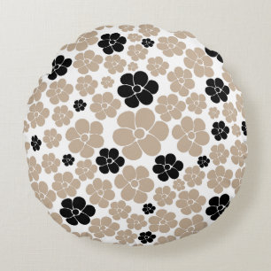 Trendy Flower Pattern in Taupe, Black, and White Round Pillow
