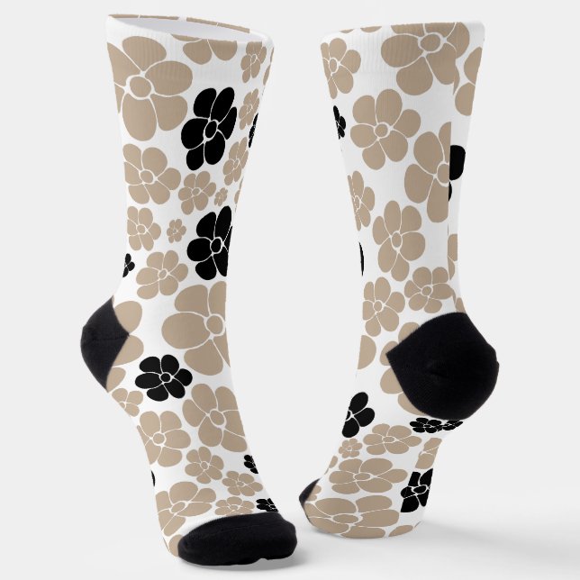 Trendy Flower Pattern in Taupe, Black, and White Socks (Angled)