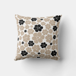 Trendy Flower Pattern in Taupe, Black, and White  Throw Pillow