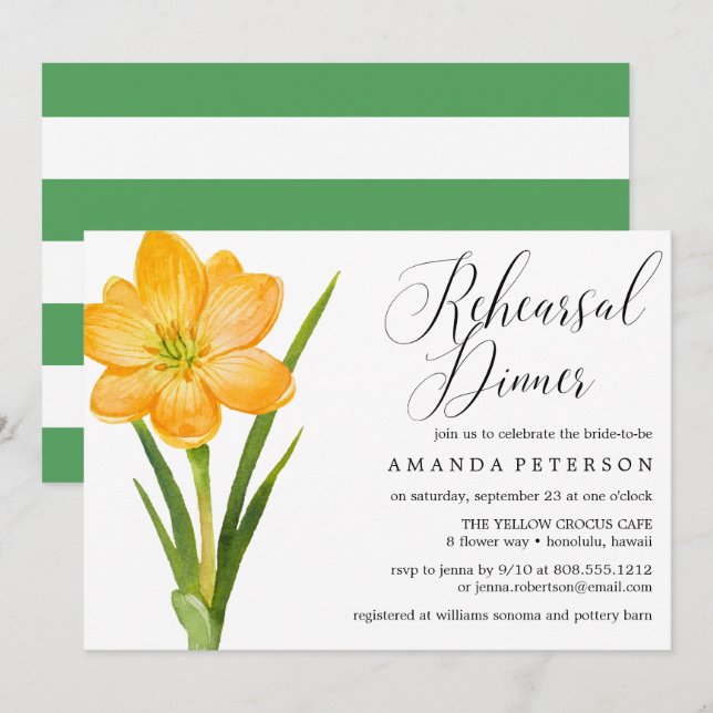 Trendy Flower YELLOW CROCUS   rehearsal dinner Invitation (Front/Back)