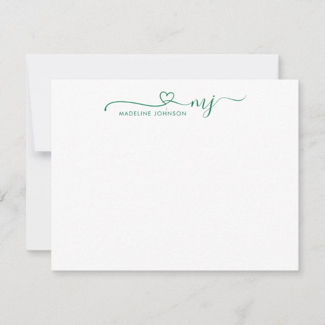 Trendy Forest Green Heart Script Name Monogram Card (Front)