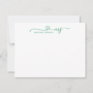Trendy Forest Green Heart Script Name Monogram Card