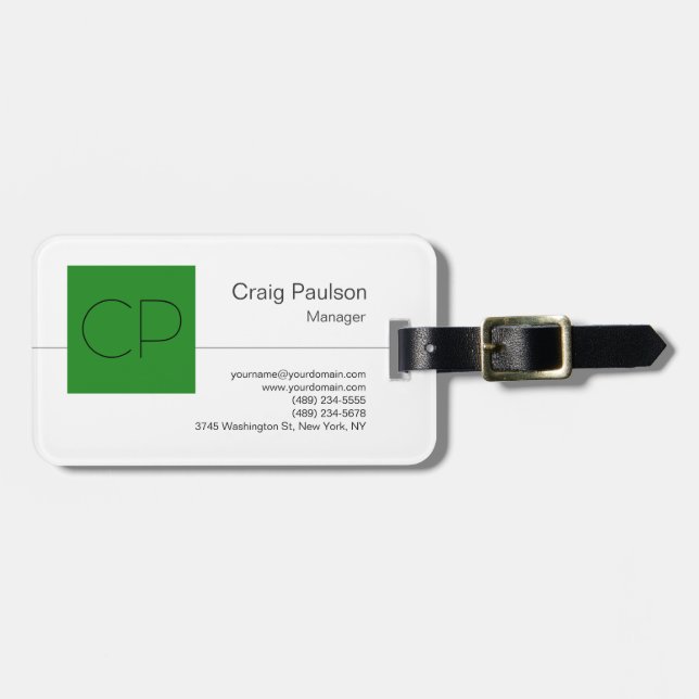 Trendy Forest Green White Monogram Luggage Tag (Front Horizontal)