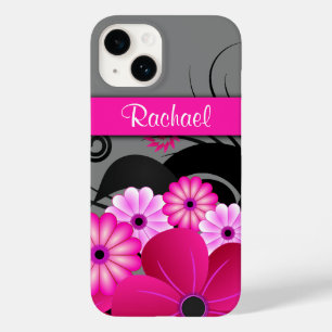 Trendy Fuchsia Pink And Grey Floral Hibiscus Tough Case-Mate iPhone 14 Case