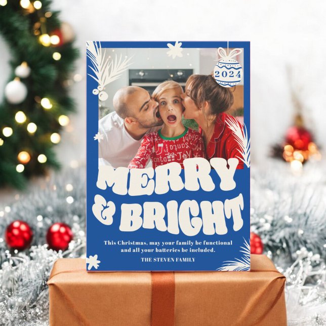 Trendy Fun Merry & Bright blue Christmas photo Holiday Card (Trendy Fun Merry & Bright blue Christmas photo Holiday Card)